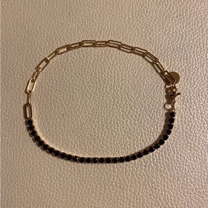 Paper clip Chain Round Cut Black CZ Tennis Bracelet 14K Gold Plated